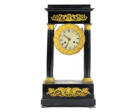 A LOUIS PHILLIPPE BRASS MOUNTED AND EBONISED WOOD PORTICO CLOCK THE MOVEMENT WITH OUTSIDE COUNT WHEEL, 48CM H, CIRCA 1840