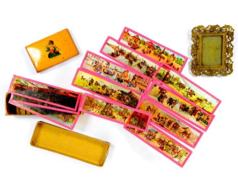 A 19TH CENTURY VARNISHED SYCAMORE SNUFF BOX WITH WOOD HINGE THE LID PRINTED AND PAINTED WITH A LADY 7CM W, A SET OF EARLY 20T