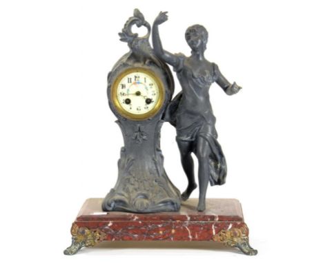 A FRENCH ART NOUVEAU SPELTER FIGURAL MANTLE CLOCK ON ROUGE MARBLE BASE, 43CM H, CIRCA 1910