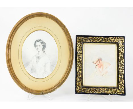 A 19TH CENTURY WATERCOLOUR MINIATURE OF A YOUNG LADY IN A TURBAN 16CM X 12.5CM IN CARVED BLACK AND GILT FRAME AND A PORTRAIT 