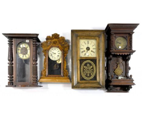 THREE VARIOUS WALL CLOCKS ONE WITH GRIDIRON PENDULUM AND AN ANSONIA STAINED WOOD MANTLE CLOCK, VARIOUS SIZES, LATE 19TH CENTU