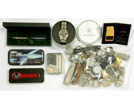 MISCELLANEOUS VINTAGE MAINLY STAINLESS STEEL GENTLEMAN'S WRISTWATCHES, A PISTOL NOVELTY LIGHTER, PENS, ETC