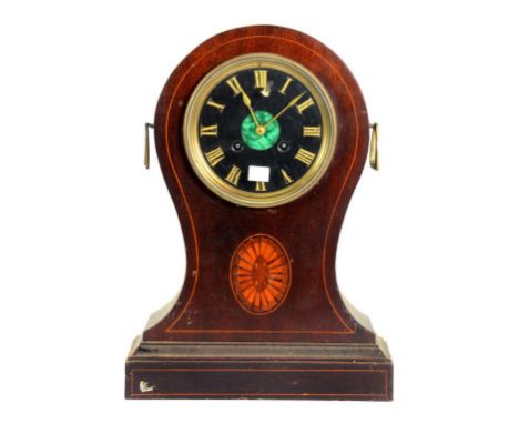 AN INLAID MAHOGANY BALLOON CASED MANTLE CLOCK WITH MALACHITE CENTRED SLATE DIAL, THE FRENCH MOVEMENT WITH MEDALLIC BACKPLATE,