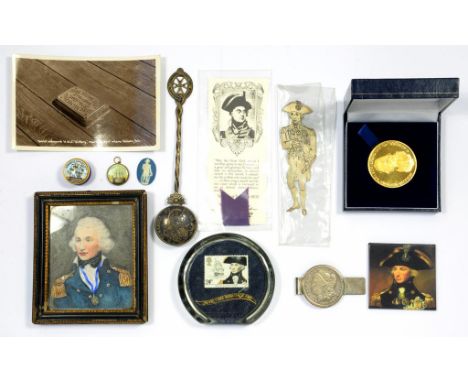 A 19TH CENTURY PORTRAIT MINIATURE OF ADMIRAL LORD NELSON, IVORY, 9.5CM AND 7.5CM, A SMALL QUANTITY OF NELSON SOUVENIRS OF LAT