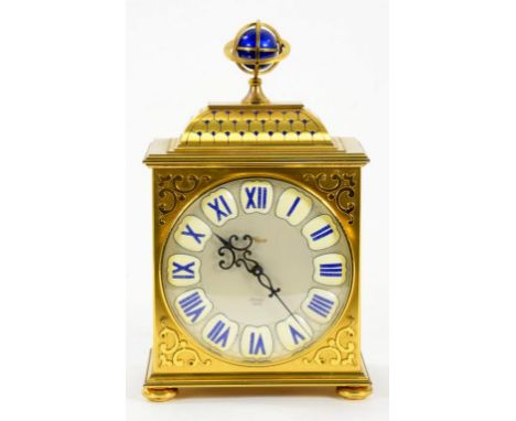 A BAUER BRASS AND BLUE ENAMEL BASKET TOPPED MANTLE CLOCK THE CASE SURMOUNTED BY AN HOROLY, 25CM H