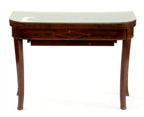 A VICTORIAN MAHOGANY AND INLAID CARD TABLE 60CM X 91CM 