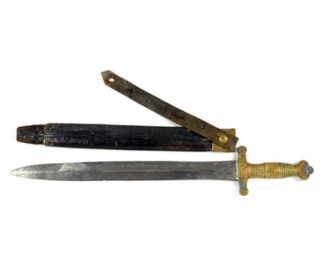 A FRENCH FOOT ARTILLERY SWORD MI1831, CROSSGUARD STAMPED 597, WITH BRASS MOUNTED LEATHER SCABBARD, 62CM (FAULTS)