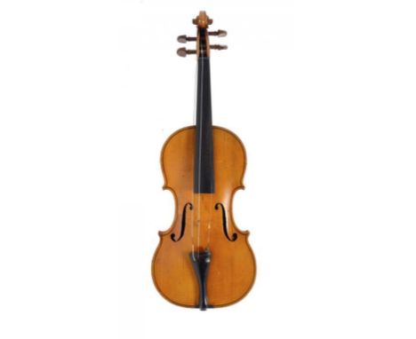 A VIOLIN, LATE 19TH C   the two piece back of medium curl, light golden varnish the interior with indistinct  handwritten lab
