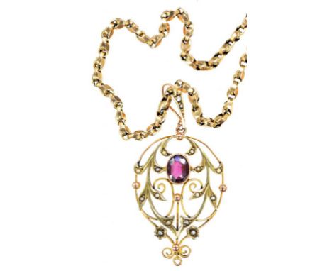 AN AMETHYST SET GOLD OPENWORK PENDANT MARKED 9CT AND A GOLD NECKLET, 9.8G