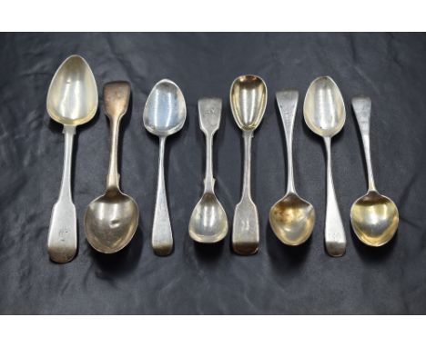 A collection of eight Georgian and Victorian silver teaspoons, of Fiddle and Old English pattern, some having initials to ter