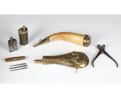 An early 19th century copper and brass three-way pistol powder flask, the top with dispensing nozzle and pivoting lidded comp