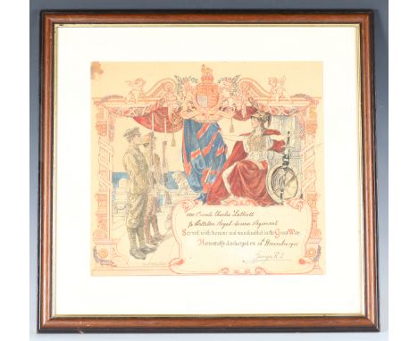 A First World War period discharge scroll to '1100 Private Charles Lelliott, 1/4 Battalion, Royal Sussex Regiment', colour-he