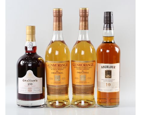 Glenmorangie The Original single malt Scotch whisky (2), Aberlour 10 year old single malt Scotch whisky (1), Graham's 20 year