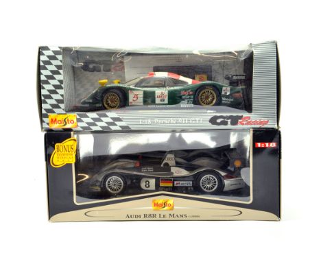 Maisto Diecast 1/18 scale comprising Porsche 911 and Aldi R8R racing Cars. Generally E in Boxes. 