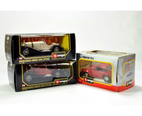 Burago Diecast 1/18 scale comprising duo of Mercedes SSK's and 1/24 Porsche 911. E in Boxes. 