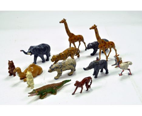 A fine selection of Zoo Animals from various makers including Britains, Charbens Etc. Features Tiger, Giraffes, Bears, Monkey