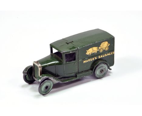 Dinky No. 28K Pre-war Delivery Van Marsh's Sausages. Dark Green with gold imagery / lettering with black outline depicting Ma