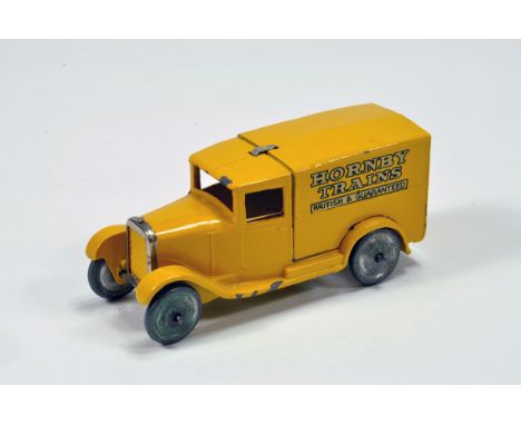 Dinky No. 28A Restored Pre-war Delivery Van Hornby Trains. Yellow with gold lettering with black outline depicting Hornby Tra