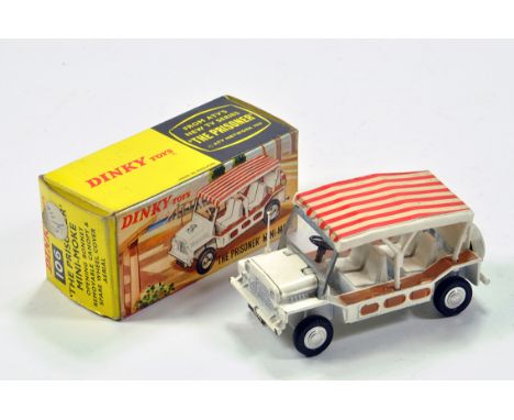 Dinky No. 106 The Prisoner Mini Moke with white body with brown side steps. Generally VG to E in VG Box.