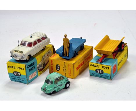 Trio of diecast toys comprising Corgi No. 419 Ford Zephyr, Dinky No. 400 Electric Truck, Corgi No. 51 Trailer and one other. 