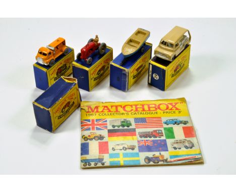 A quality selection of early Matchbox comprising No. 28 Ford Compressor Truck, No. 4 Massey Harris Tractor, No. 48 Boat, No. 