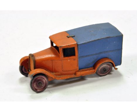 Dinky Hornby Series Pre-War No. 22D Delivery Van with orange cab and chassis with blue rear van body. Tinplate radiator surro