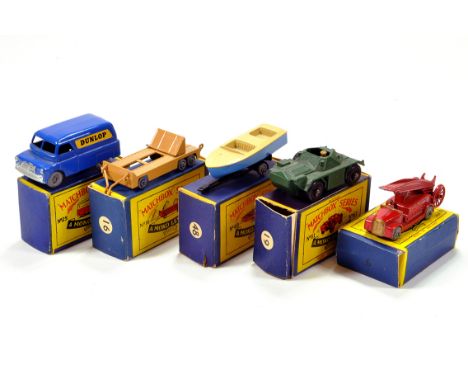 A quality selection of Matchbox comprising No. 25 Bedford Dunlop Van, No. 16 Low Loader, No. 48 Boat on Trailer, No. 19 Tank 