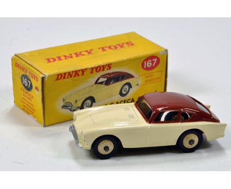 Dinky No. 167 AC Aceca Coupe in two-tone cream/brown, silver trim plus cream ridged hubs. E to NM in VG Box.