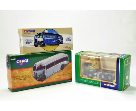 Trio of Corgi Commercial Diecast issues including duo of buses and one Truck. NM to M in Boxes. (3)