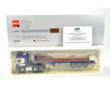 WSI 1/50 High Detail Diecast Truck Issue comprising Search Impex Scania R Series with Extending Flatbed Trailer. Livery of CF
