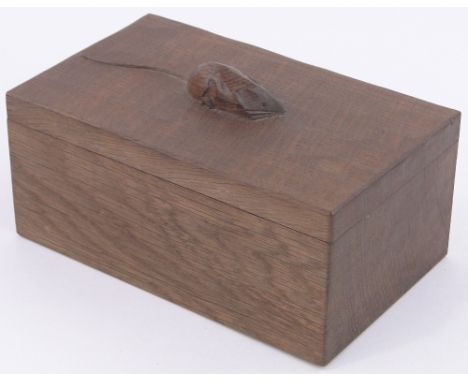 A Robert Mouseman Thompson rectangular oak box,with carved mouse handle, length 7.25".