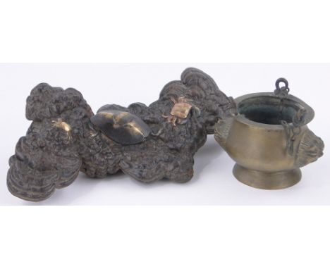 An unusual Japanese fungus carving,circa 1900 with gilded lacquered turtles and crabs, length 11" together with an Oriental b