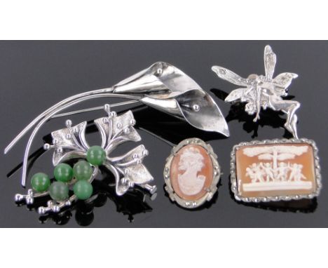 5 Various silver brooches,including a Russian jade set brooch, (5).