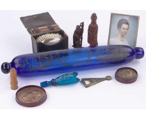 A Collection of various items,including an Austrian Arts & Crafts bottle opener, Victorian Bristol Blue glass rolling pin, Or