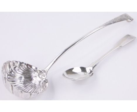 A George III silver punch ladle,with shell bowl and engraved armorial crest, makers marks W H, London 1764, length 37cm and a