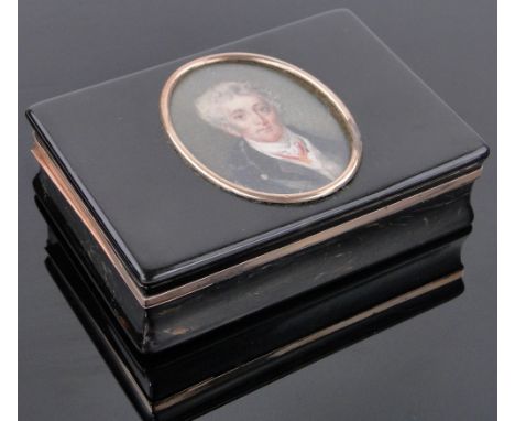 A tortoiseshell and 15ct gold mounted snuff box with inset oval miniature of Mr A Wellesley (The Duke of Wellington), box len