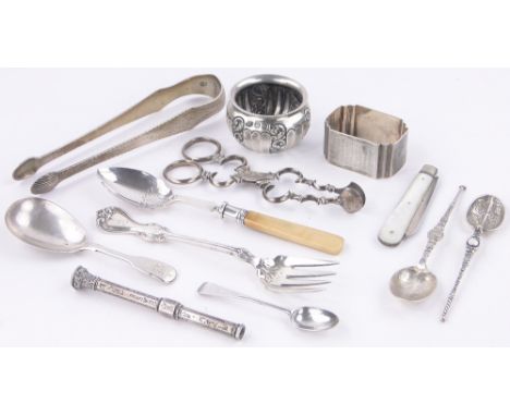 Box of various silver items,including Irish silver tongs, caddy spoon, fruit knife, etc.