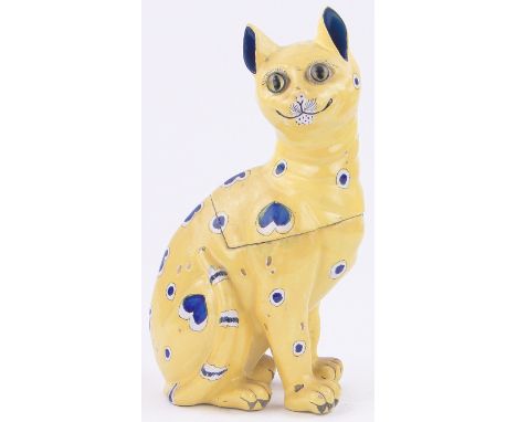 A rare Emil Galle Faience glazed ceramic cat design pot in 2 parts,with yellow and blue painted decoration and glass eyes, pa