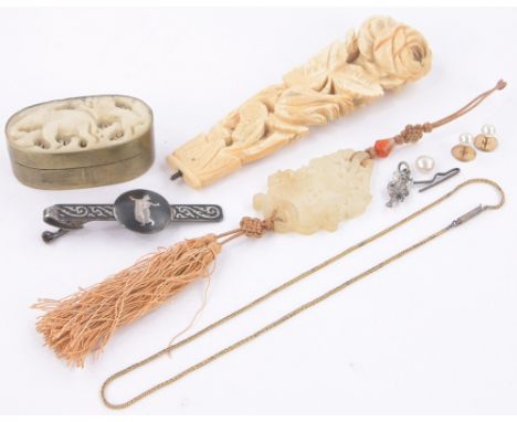 A carved ivory handle,length 5", a box, a tie pin, etc.