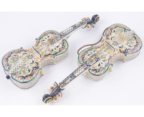 A pair of unusual French Faience glazed ceramic violin design wall pockets,marked Desvres, length 16".