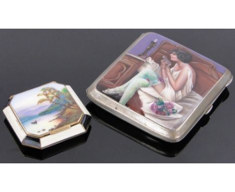 A continental hand painted enamel and nickel plate cigarette case circa 1910,depicting a girl seated on a bed, width 8cm and 