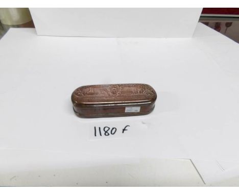 A copper table snuff box with raised scenes of stag and boar hunting, 13cm long
