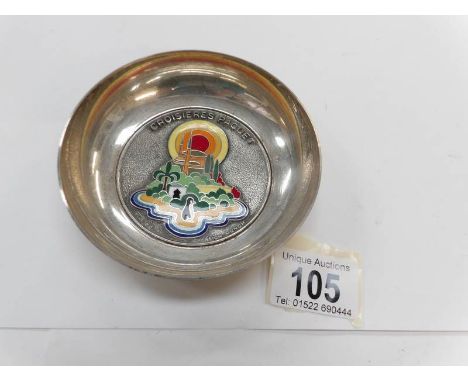 A white metal bowl with enamel decorations marked Croisieres Paquet with 'A Augis' on the bottom