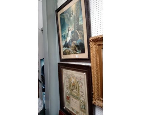 A framed and glazed religious scene print and a framed and glazed Odd Fellows certificate