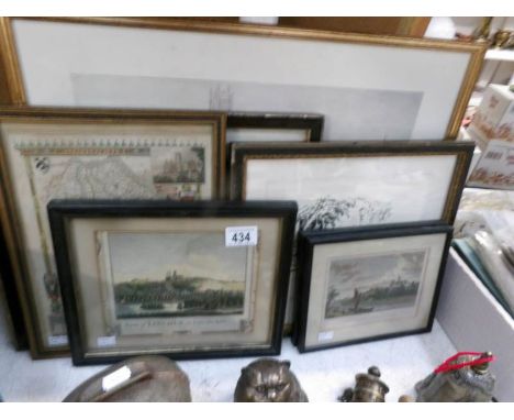 4 engraving of Lincolnshire scenes, a map of Lincolnshire, a pen & ink drawing and a print of Boston stump