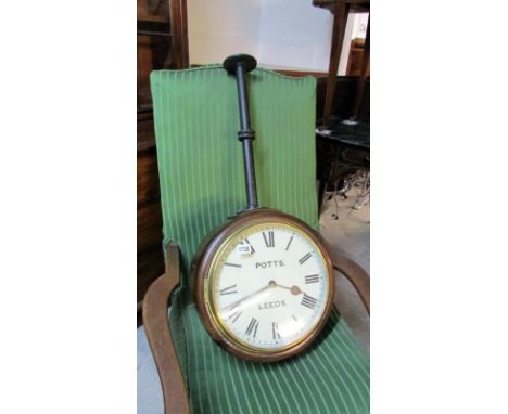 A Potts of Leeds arcade clock with fusee movement (pendulum in office)
Dial diameter approximately 35.5cm
Case diameter appro