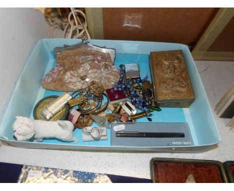 A box of miscellaneous items including Zippo lighter, costume jewellery etc