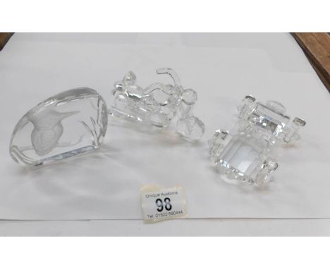 A glass car, glass motor cycle and a glass kingfisher paperweight