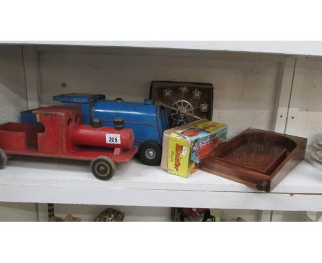 2 tin plate toys including boxed Minster car, a French wooden train, bagatelle etc