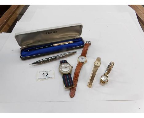 A Ladies Rotary wrist watch, 3 others and 2 pens